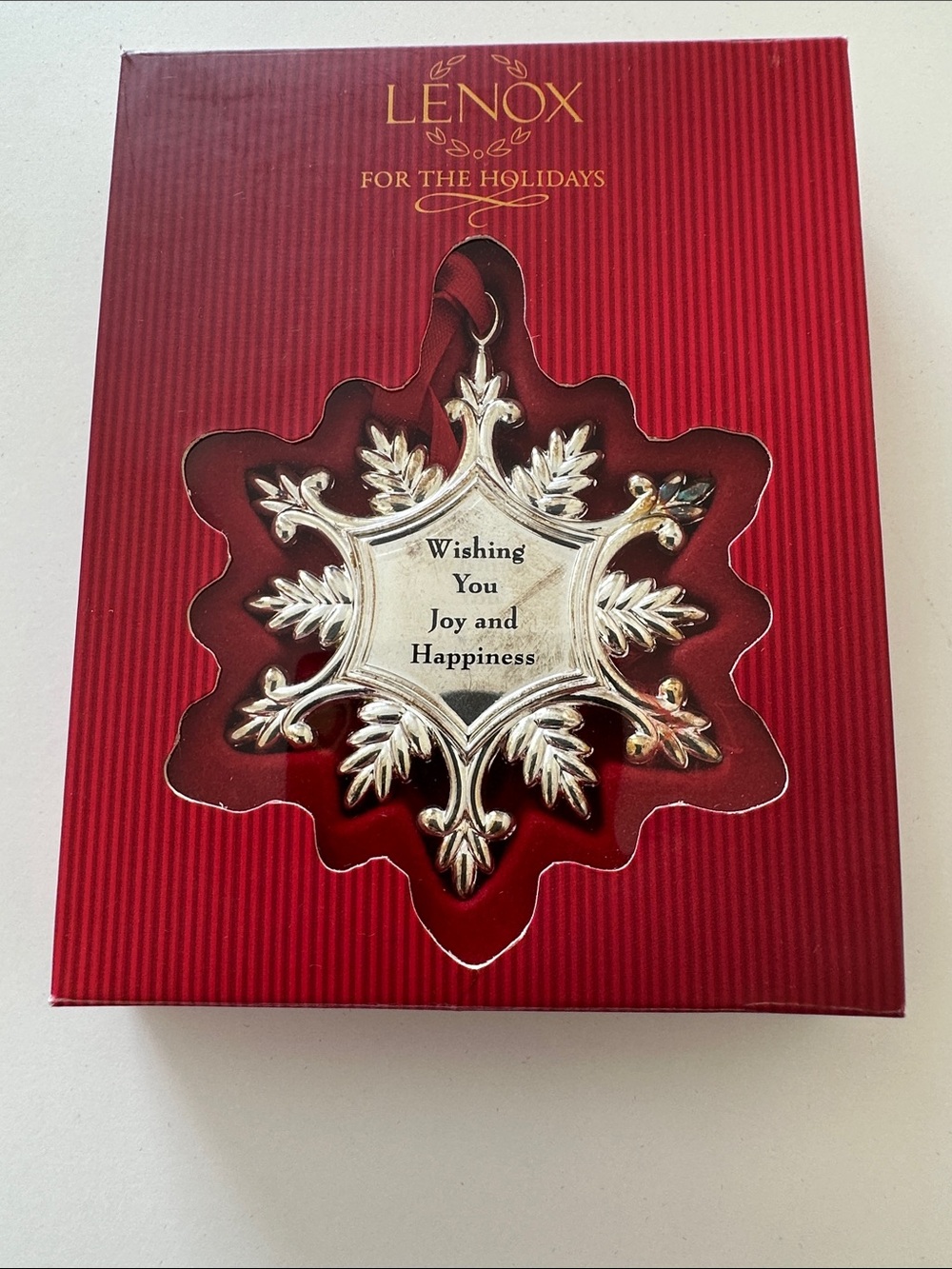 Lenox Silver Snowflake Ornament with Wishing You Joy and Happiness